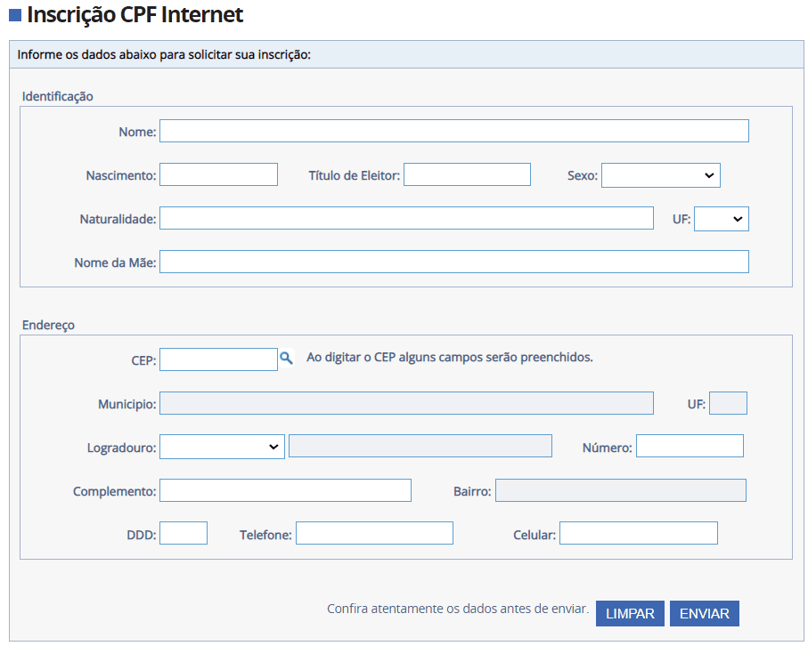 Como emitir o cpf online (1ª e 2ª via) Formulário de emissão de cpf pela internet