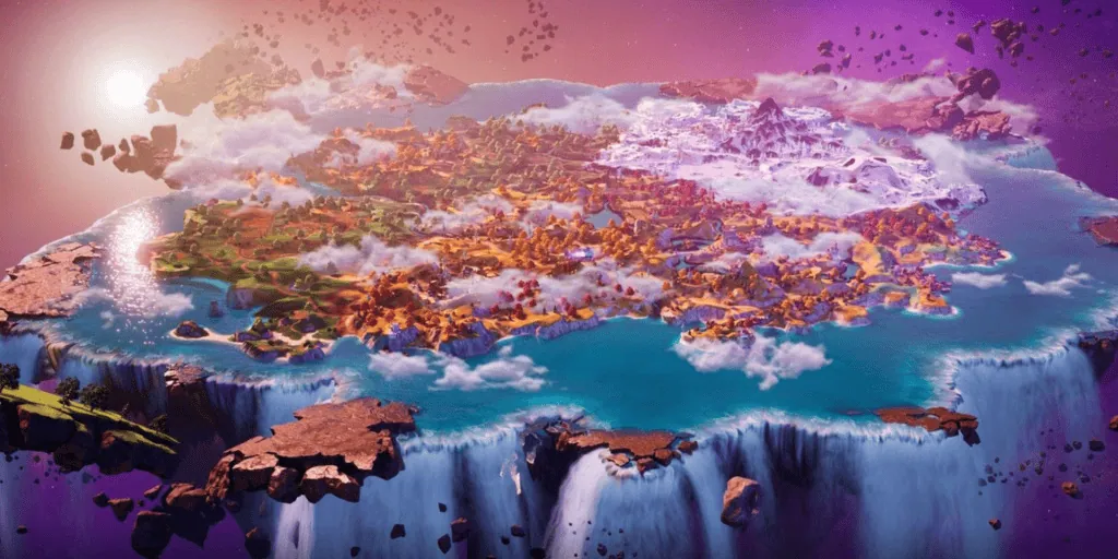 Ilustração do novo mapa de fortnite, com quedas d'água e paisagens coloridas do capítulo 4.