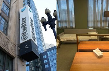 Quarto com cama simples e sala com cortinas e móveis no escritório do twitter.