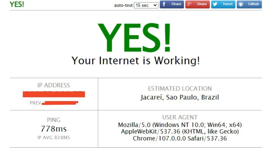 Como conferir se minha internet está funcionando? Tela do site para checar se minha internet está funcionando