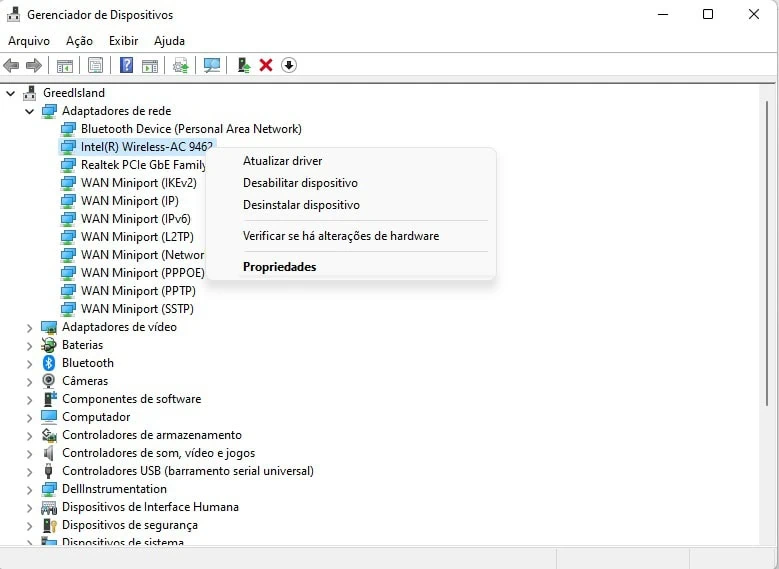 Como conferir se minha internet está funcionando? Tela do gerenciador de dispostivos onde podemos acessar o driver de rede.