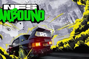 Carro de corrida estilizado do need for speed unbound com cenário urbano e efeitos de impacto vibrantes.