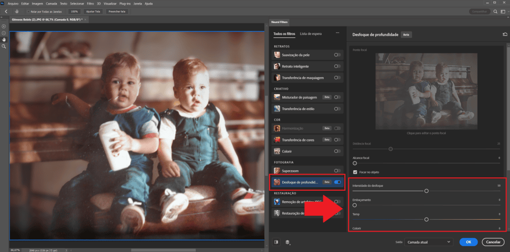 Como restaurar fotos antigas usando a nova ia do photoshop Filtro "desfoque de profundidade"