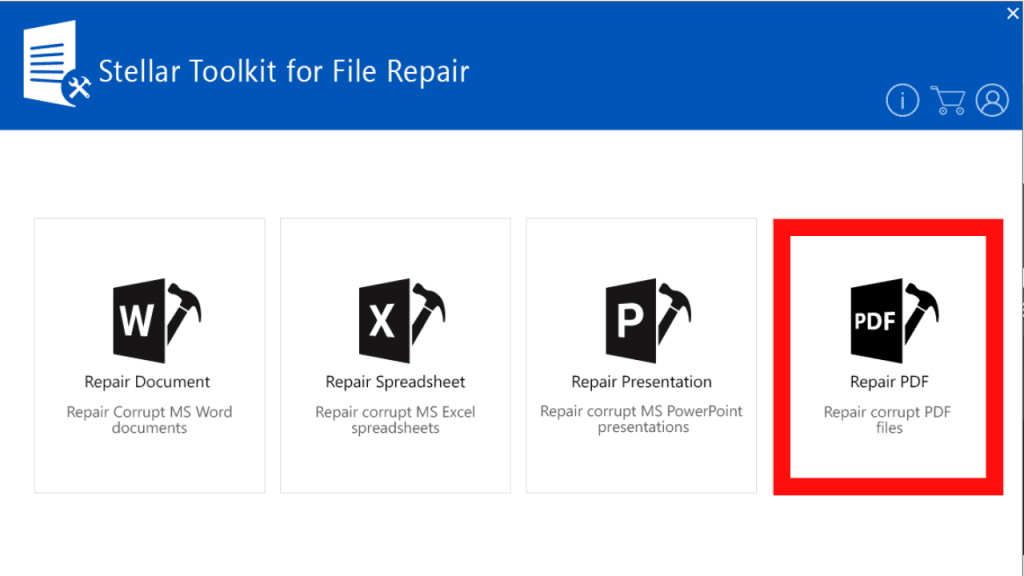 如何修复 word、excel、powerpoint 和 pdf 文件 用于修复损坏的 pdf 的 Stellar 工具包主屏幕
