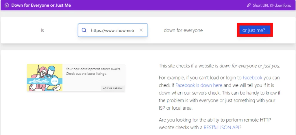 Site fora do ar? Veja ferramentas para realizar checagem online Captura de tela do site is down for everyone or just me para checar se há um site fora do ar