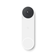 Qual o custo de uma casa conectada do google home? Campainha nest doorbell em fundo branco com objeto no meio em cor branca e topo circular preto.