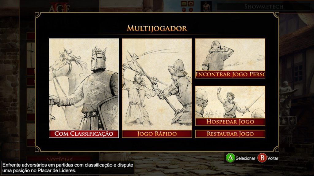 Partida multiplayer age of empires ii definitive edition com opções de classificação, jogo rápido, e reiniciar jogo.