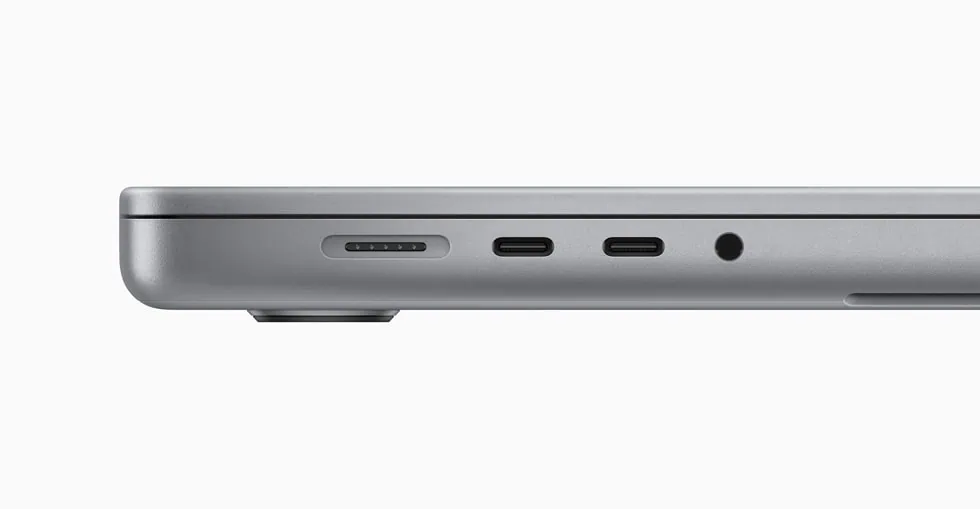Apple anuncia novos macbook pro de 14" e 16" com chips m2 max Entradas thunderbolt, para fone de ouvido e bateria.