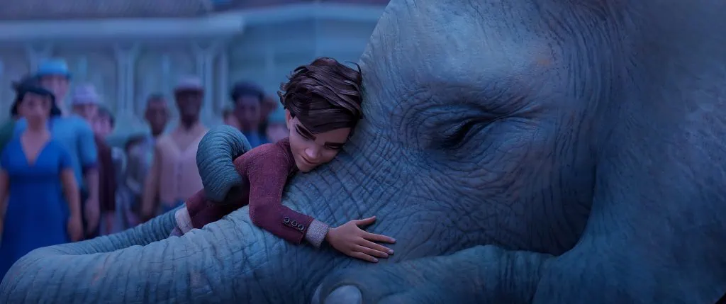 Todos os filmes que chegam na netflix em 2023 Peter de roxo abraça o elefante mágico do filme.