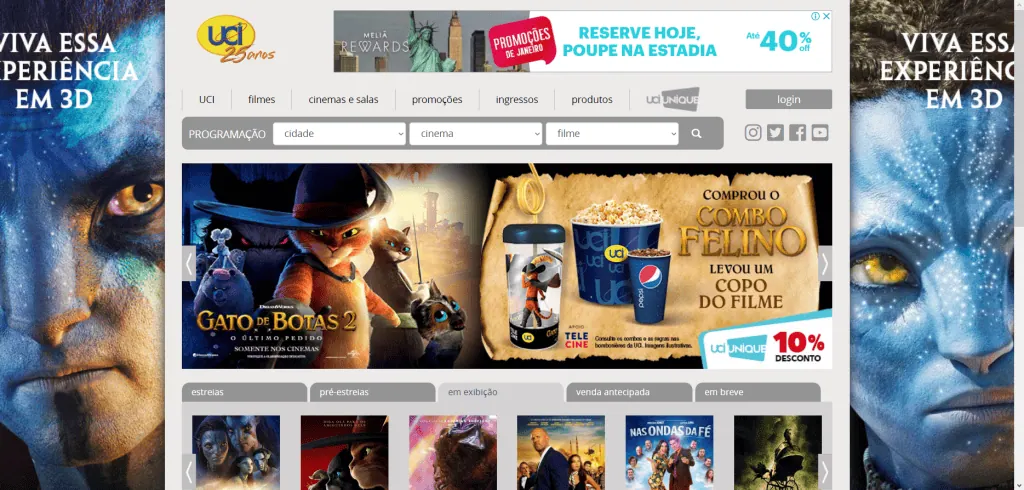 Wo kann man Kinokarten in São Paulo kaufen Startbildschirm der UCI Cinemas-Website mit Schwerpunkt auf Puss in Boots 2