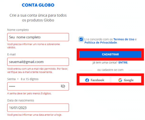 Cara menonton bbb gratis di web Proses pembuatan akun Globo untuk nonton bbb gratis