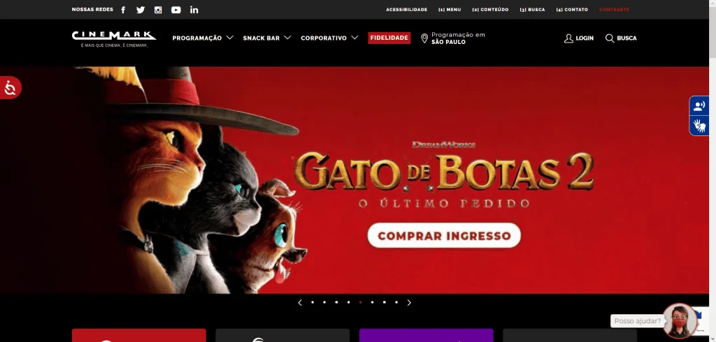 Wo kann man Kinokarten in São Paulo kaufen Startbildschirm der Cinemark-Website