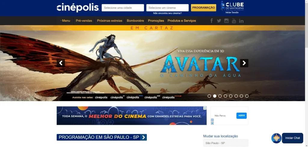 Wo kann man Kinokarten in São Paulo kaufen Cinépolis-Startbildschirm, Hervorhebung von Avatar 2