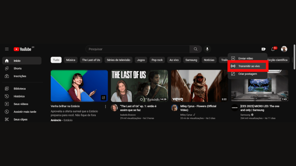 Como fazer uma live? Aprenda a fazer transmissões ao vivo no instagram, facebook e youtube Tela inicial do youtube