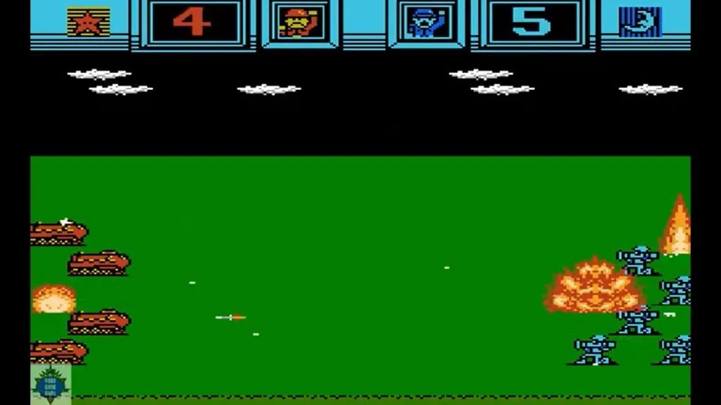 픽셀 그래픽의 탱크와 병사들이 치열한 전투를 벌이는 고전적인 전쟁 게임입니다.