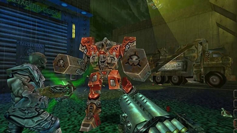 Imagem mostra batalha intensa com robô gigante, armamento futurista e gráficos vibrantes do jogo clássico.