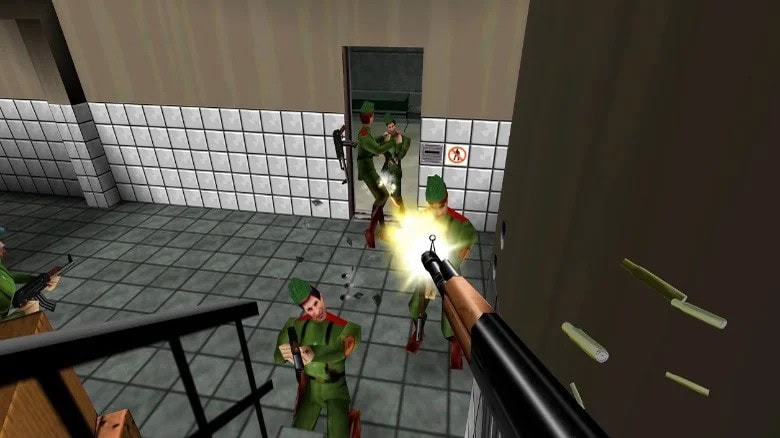 Alt text: cena de jogo de tiro com soldados em combate, disparando armas em ambiente interno.