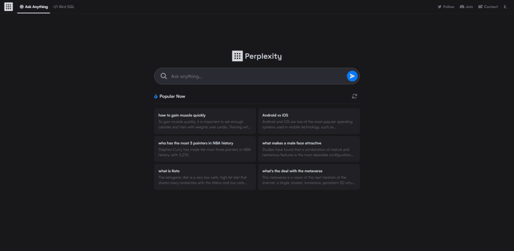 Perplexity ai: chat inteligente com origem das respostas exibidas.