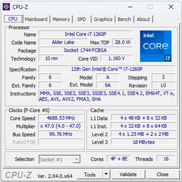 Cpu-z core i7-1260p.