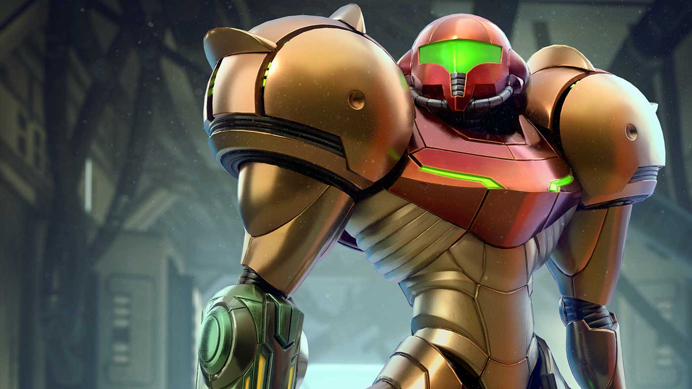 Robô guerreiro do jogo metroid prime em destaque, com design futurista, cores douradas e verdes, representando o clássico remasterizado.