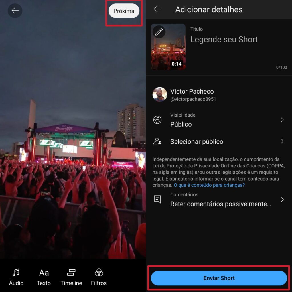 Como enviar youtube shorts pelo pc ou smartphone Tela de envio de youtube shorts pelo aplicativo para smartphones