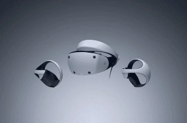 Óculos ps vr2 com controle e fones em destaque.