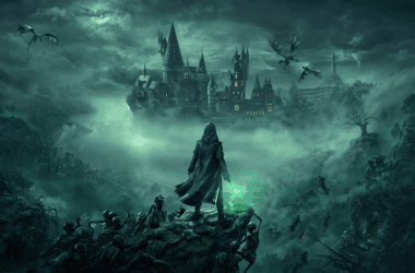 Reino de magia e fantasia de hogwarts legacy com dragões e atmosfera sombria.