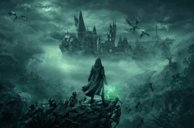Reino de magia e fantasia de hogwarts legacy com dragões e atmosfera sombria.