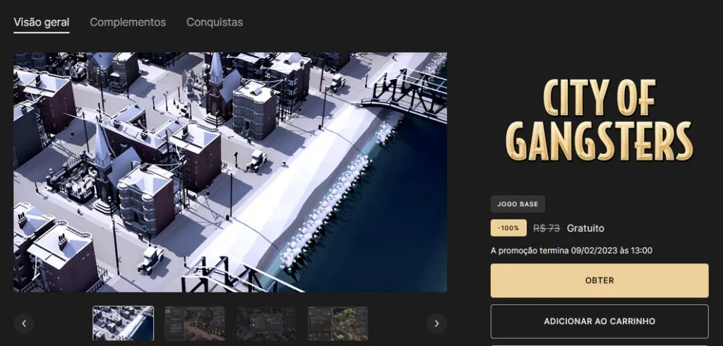 Todos os jogos gratuitos da epic store em 2023 Página do jogo city of gangsters na epic store, que ficou gratuito por tempo limitado na plataforma em janeiro de 2023.