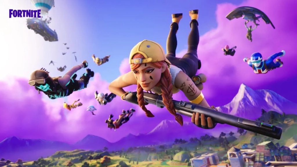 Imagem oficial do jogo fortnite, da epic games, em que aparecem diferentes atiradores do jogo entrando na arena pelos céus.