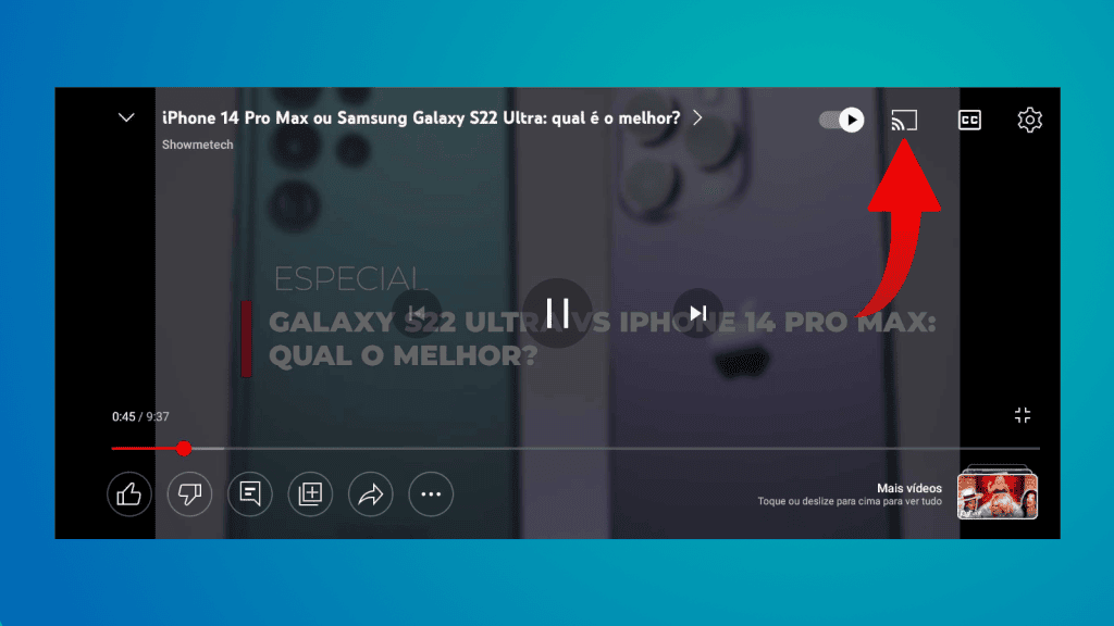 13 dicas e truques para roku express e roku tv A imagem mostra a interface de uma roku tv exibindo um tutorial sobre iphone 14 pro max e galaxy s22 ultra.