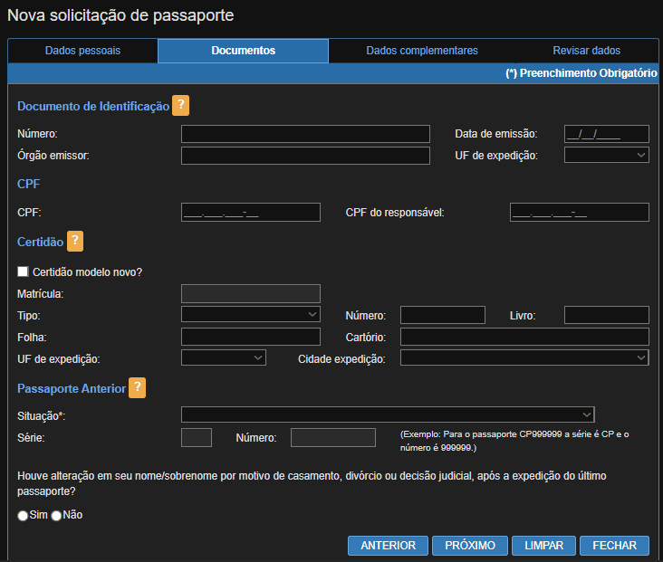 Como emitir o passaporte brasileiro - 1ª e 2ª via Na segunda página, informe os dados dos documentos.