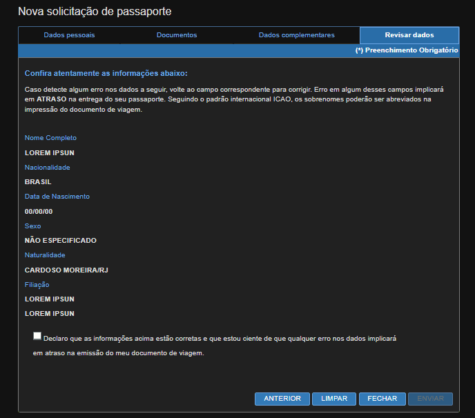 Como emitir o passaporte brasileiro - 1ª e 2ª via Página de confirmação dos dados do formulário.