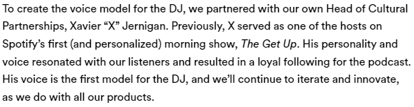 Trecho do anúncio do dj spotify onde eles informam que xavier "x" jerigan é apenas o primeiro modelo de voz para o dj.