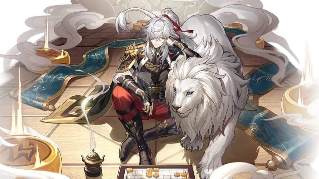 Honkai star rail: tudo sobre o jogo que sairá em 2023 Jing yuan, personagem presente no jogo "honkai: star rail". Ele tem cabelos brancos e compridos, usa partes de uma armadura dourada e na arte é acompanhado por um leão branco.