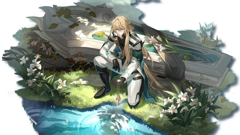 Honkai star rail: tudo sobre o jogo que sairá em 2023 Loucha, personagem presente no jogo "honkai: star rail". Ele tem longos cabelos loiros e usa uma roupa branca com detalhes em preto e verde.