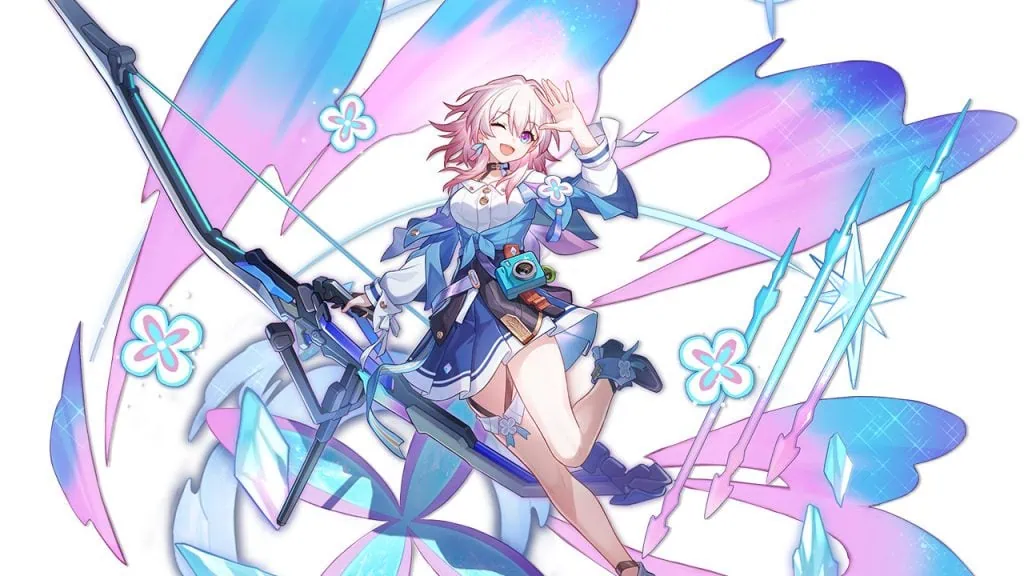 Honkai star rail: tudo sobre o jogo que sairá em 2023 March 7th, personagem presente no jogo "honkai: star rail". Ela usa um vestido azul e roxo, e possui cabelos loiros.