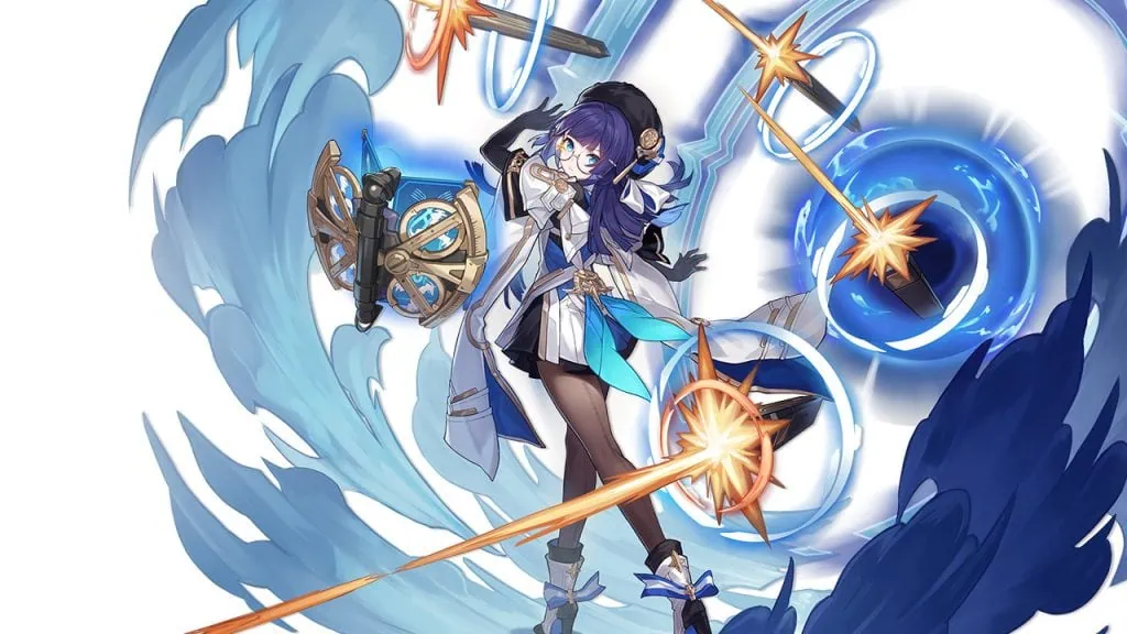 Honkai star rail: tudo sobre o jogo que sairá em 2023 Pela, personagem presente no jogo "honkai: star rail". A heroína usa um vestido curto azul e branco, e possui cabelos em tons de azul também, além de usar óculos.