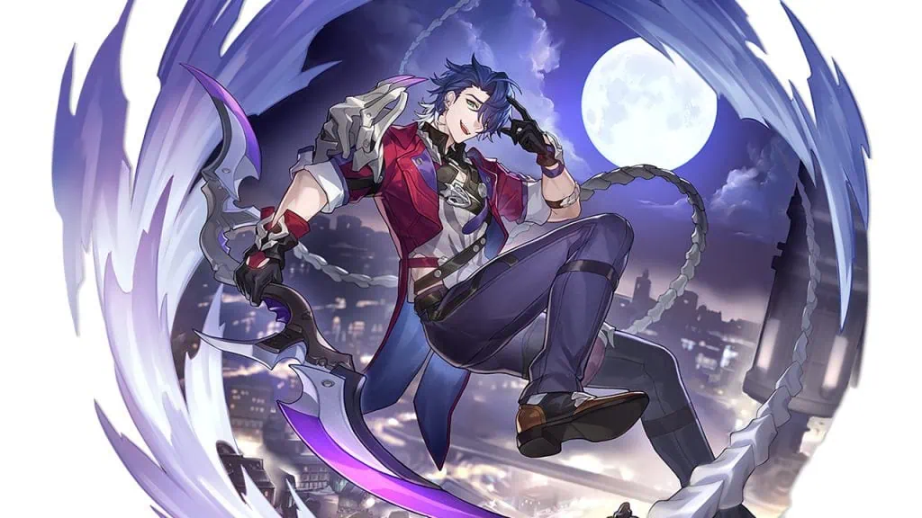 Honkai star rail: tudo sobre o jogo que sairá em 2023 Sampo, personagem presente no jogo "honkai: star rail". O herói usa uma jaqueta vermelha e calças azuis, e possui cabelo preto. Na arte, a paisagem ao fundo é a cidade de belobog à noite.