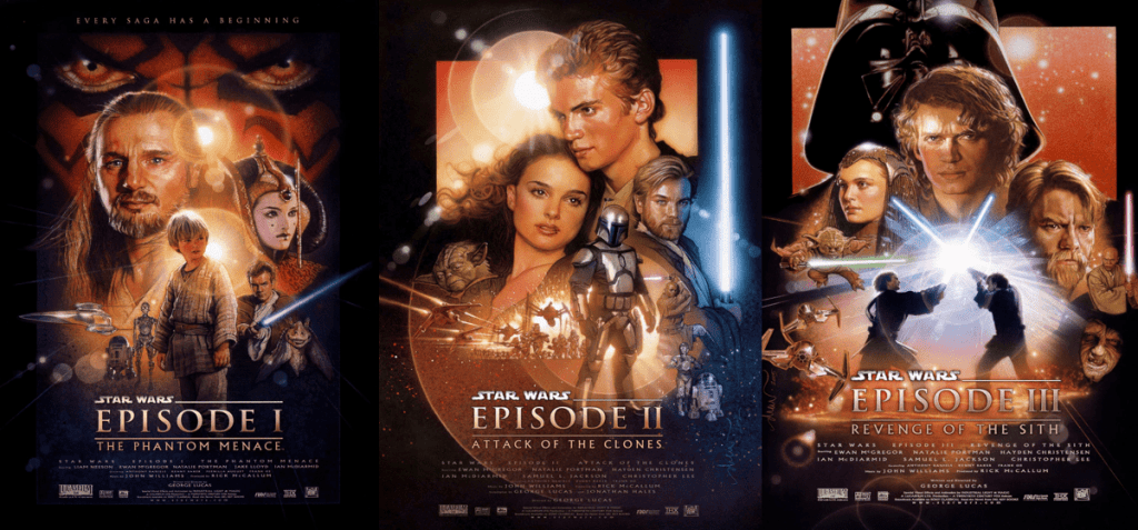 Veja a ordem cronológica de star wars (filmes e séries) Pôsteres dos episódios i, ii e iii