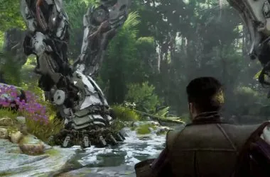 Imagem de jogo horizon: call of the mountain mostrando personagem em vista de costas frente a um robô enorme na floresta.