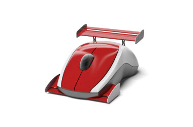 Mouse de estilo esportivo inspirado em carro de corrida, com spoiler, ideal para gamers e colecionadores de tecnologia.