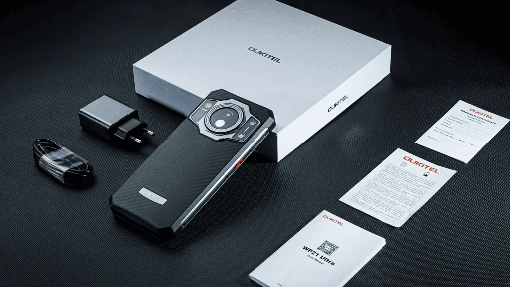 Oukitel wp21 ultra, 인상적인 열화상 카메라 탑재 제품에는 충전기, 케이블, 설명서 및 보증서가 함께 제공됩니다.
