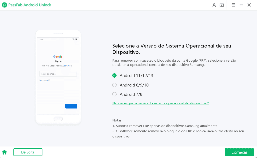 Como excluir conta do google de um celular samsung Tela inicial do passfab android unlocker para processo de como remover conta google do celular