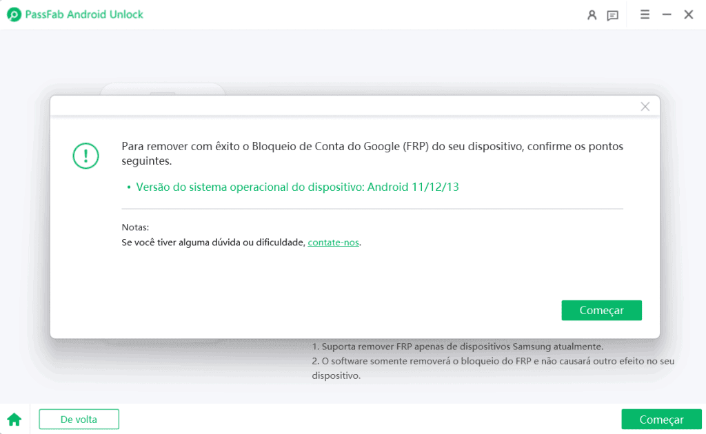 Como excluir conta do google de um celular samsung Tela inicial do passfab android unlocker para processo de como remover conta google do celular