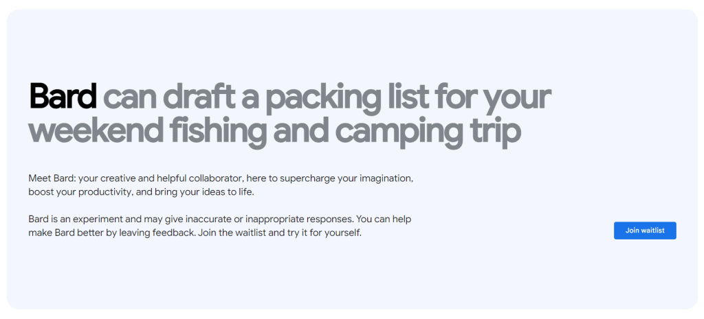 Google bard, ia concorrente do chatgpt, é lançada oficialmente; veja detalhes Bard, ia do google, no site principal com o botão de lista de espera em azul na parte inferior direita.