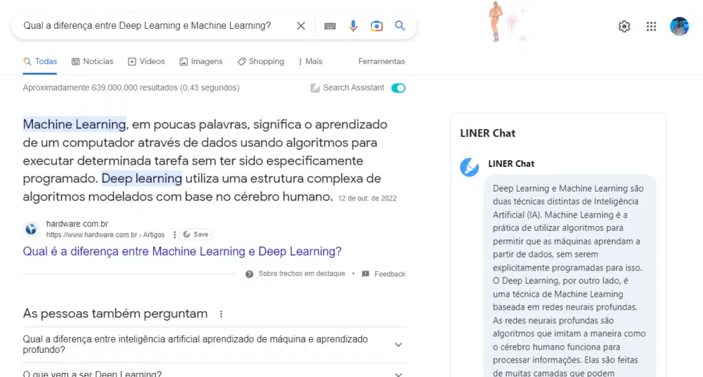 Conheça o liner ai: extensão do chatgpt que ajuda com pesquisas no google Captura de tela de uma pesquisa sobre a diferença entre deep learning e machine learning com o uso do liner chat descrevendo a resposta para a busca de maneira objetiva.