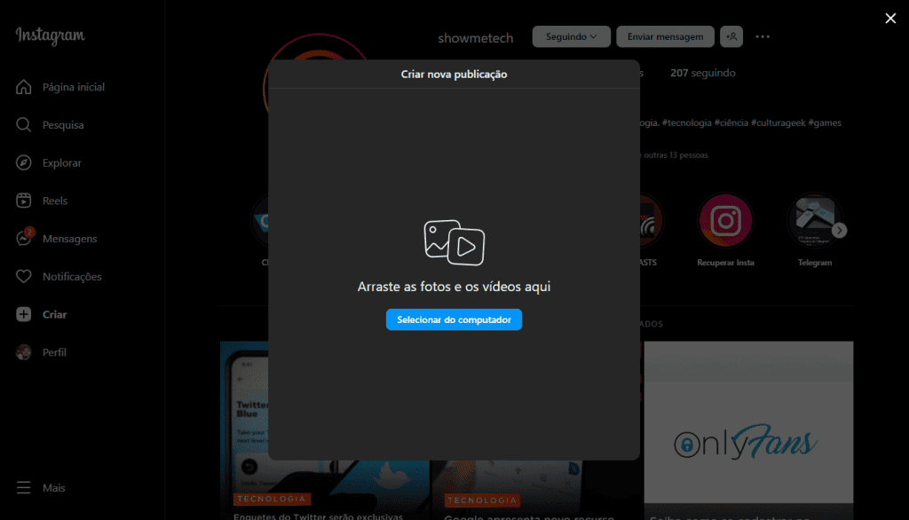 Criar novas publicações no instagram via pc para aumentar alcance.