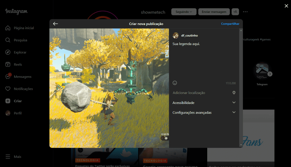 Imagem de uma captura de tela do instagram no pc mostrando a criação de uma nova publicação com uma imagem de jogo.