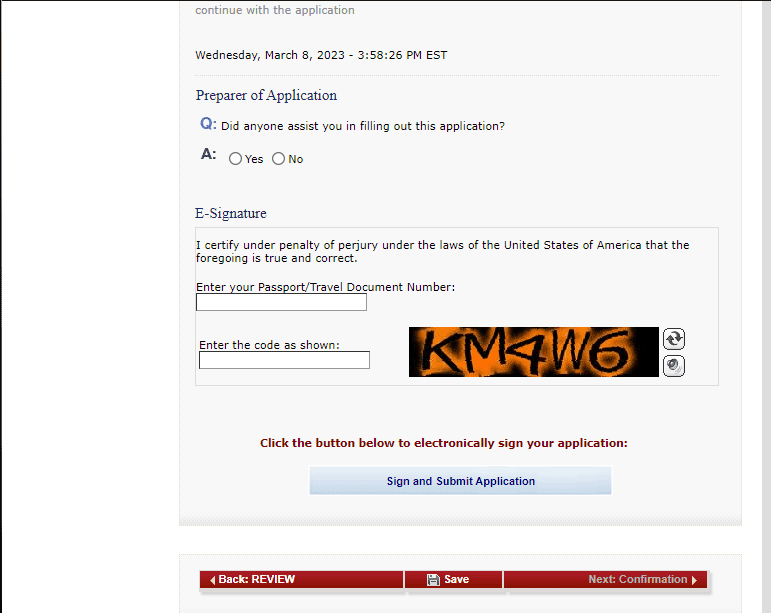 Como solicitar visto americano (visto de não imigrante) Página de confirmação de dados e legislação vigente.